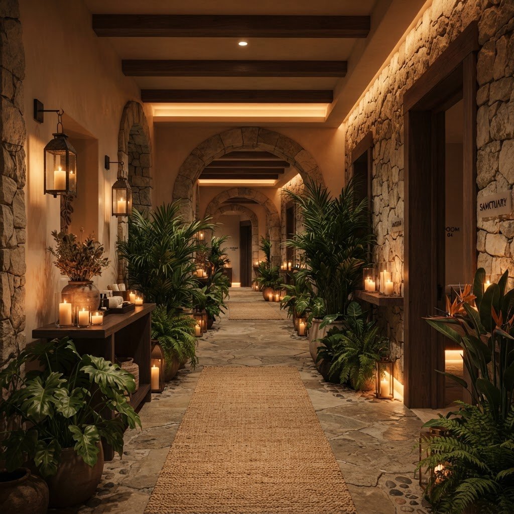 Candle-lit stone sanctuary walkway at Veloura Luxury Spa