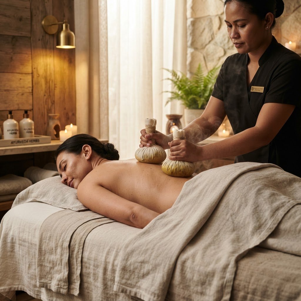 Warm herbal compress pouches used during a potli treatment at Veloura Luxury Spa Koramangala