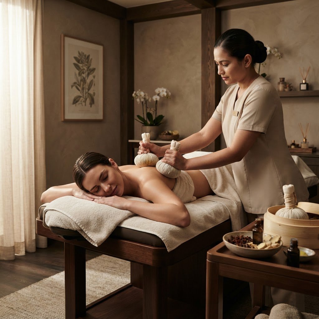Herbal potli compress treatment at Veloura Luxury Spa — warm cloth pouches with aromatic herbs applied to a guest in a professional spa setting