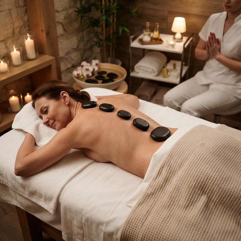 Smooth heated stones placed on the back of a guest during a hot stone massage at Veloura Luxury Spa Koramangala