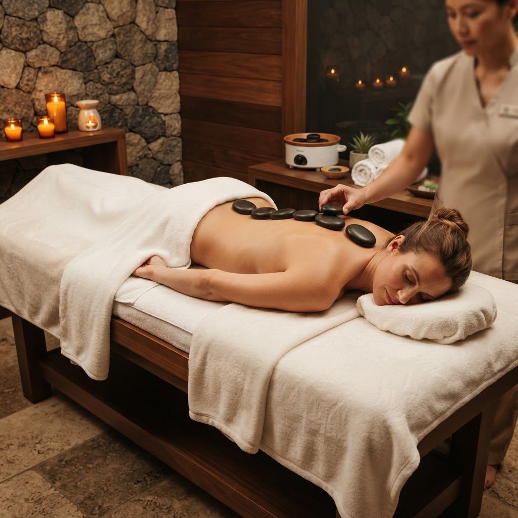 Hot stone massage at Veloura Luxury Spa — smooth heated basalt stones placed along the back of a guest in a professional treatment room