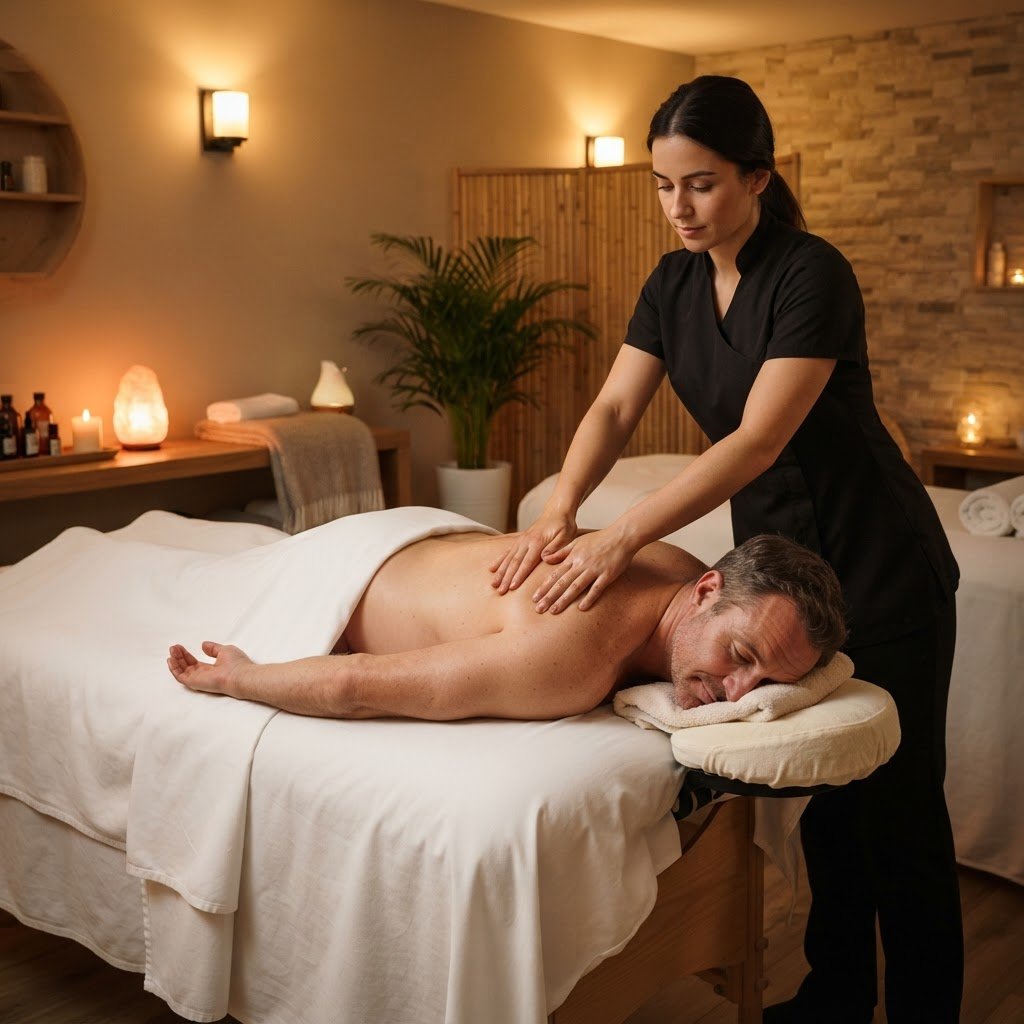 Professional therapist providing a wellness massage to a guest in a clean, warmly lit treatment room at Veloura Luxury Spa Koramangala