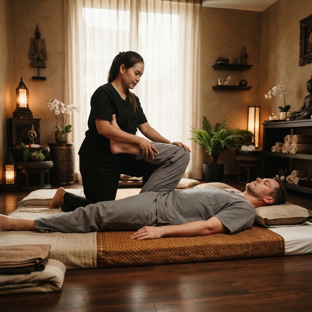 Therapist performing assisted stretching and pressure techniques during a Thai massage at Veloura Luxury Spa